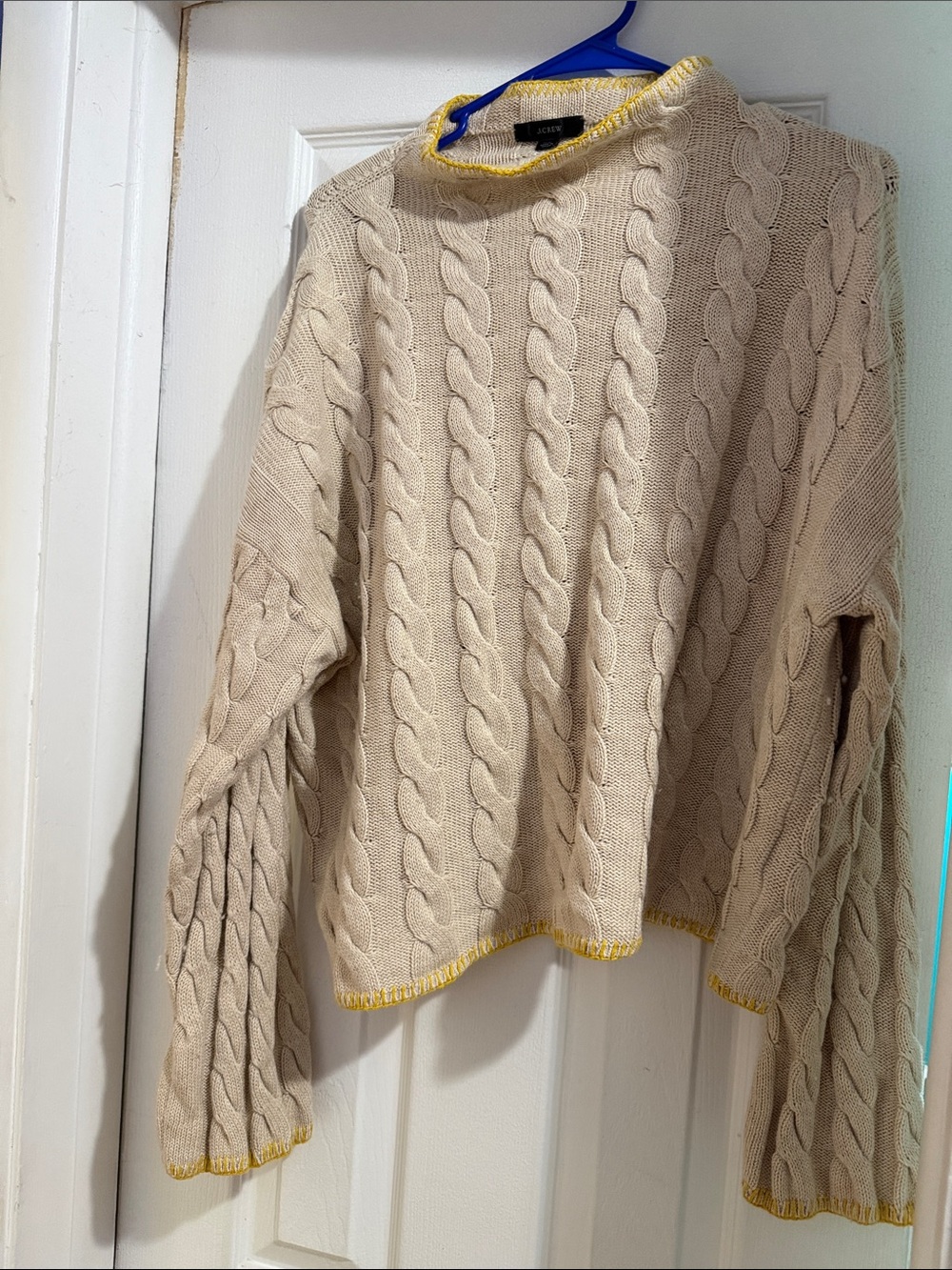 Cable Knit Crewneck Sweater - Beige with Yellow Trim